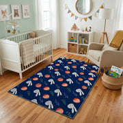 Navy Bunny and Egg Pattern Rug — decorative room view