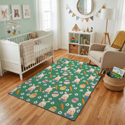 Green Floral Bunny Pattern Rug — styled nursery room view