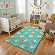 Mint Bunny Carrot Pattern Rug — angled floor view