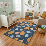Dark Pastel Easter Egg Pattern Rug — front-facing room view