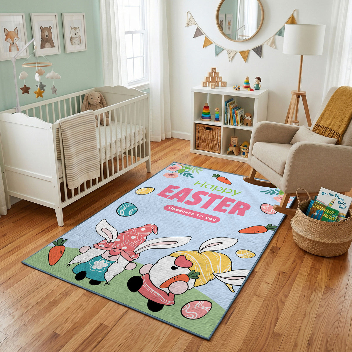 Happy Easter Gnome Rug — styled nursery room view