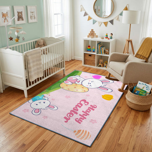 Happy Easter Bunny Face Rug — styled nursery room view
