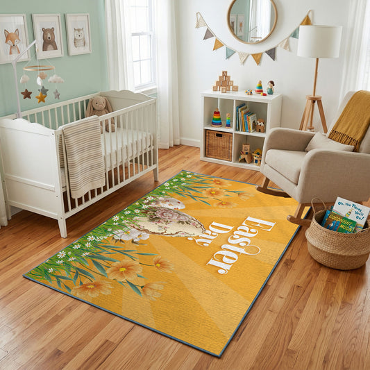 Golden Happy Easter Floral Rug — styled nursery room view