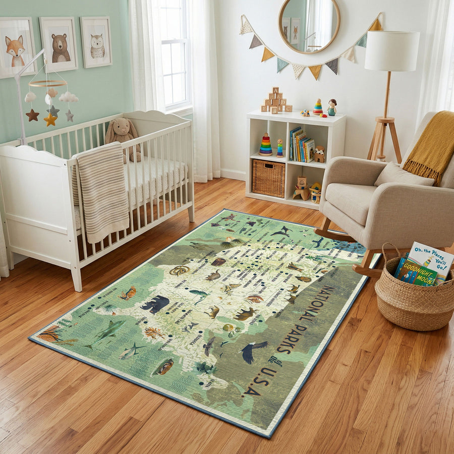 Illustrated USA Map Area Rug — styled nursery room view