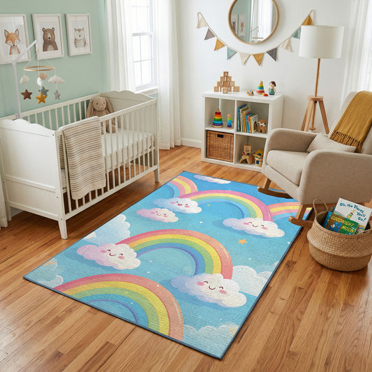 Pastel Rainbow Cloud Rug — styled nursery room view