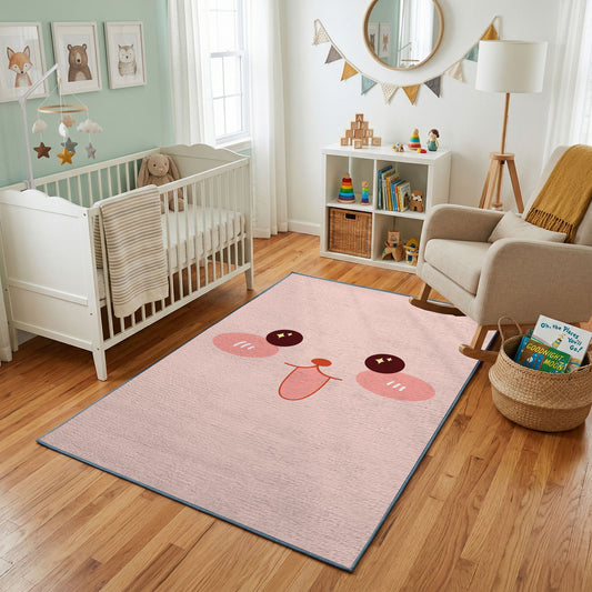 Pink Cute Face Area Rug — styled nursery room view