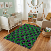 Purple Green Optical Wave Rug — playroom styling view