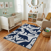 Navy Shark Silhouette Rug — bedroom floor view