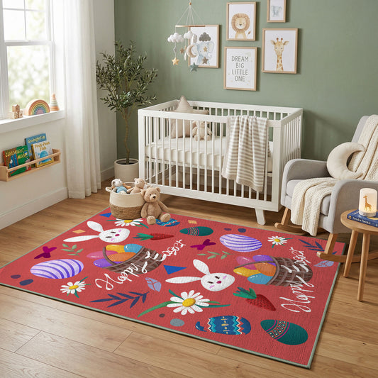 Happy Easter Bunny Area Rug — styled nursery room view