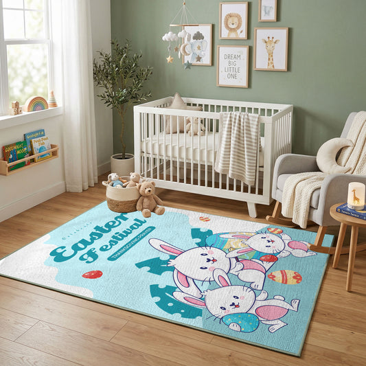 Happy Easter Bunny Family Rug — styled nursery room view
