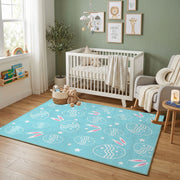 Pastel Easter Egg Outline Rug — bedroom floor view