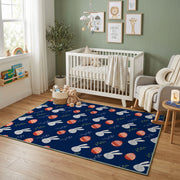 Navy Bunny and Egg Pattern Rug — front-facing room view