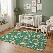 Green Floral Bunny Pattern Rug — cozy interior view