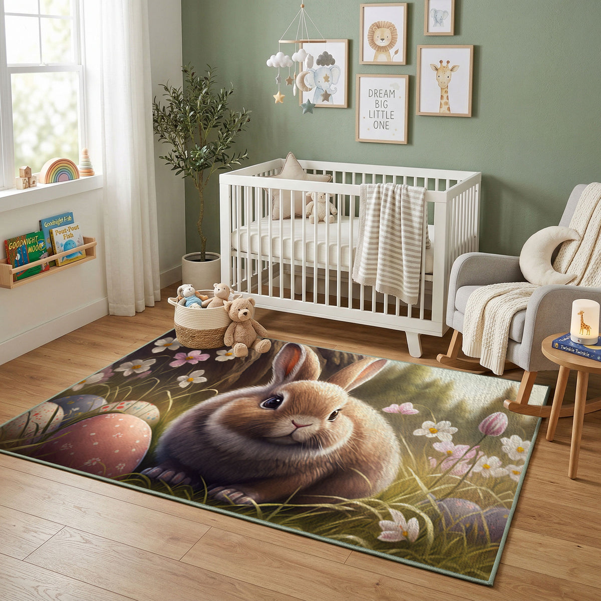 Woodland Bunny Fairy Rug — styled nursery room view