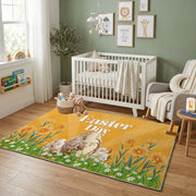 Golden Happy Easter Floral Rug — front-facing room view