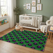 Purple Green Optical Wave Rug — front-facing room view