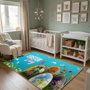 Happy Easter Floral Bunny Rug — angled floor view