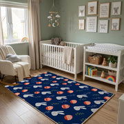 Navy Bunny and Egg Pattern Rug — bedroom floor view