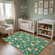 Green Floral Bunny Pattern Rug — decorative room view