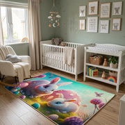 Fantasy Bunny Mushroom Area Rug — angled floor view