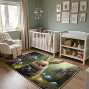 Woodland Bunny Portrait Rug — angled floor view