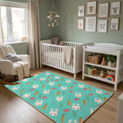 Mint Bunny Carrot Pattern Rug — styled nursery room view