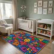 Abstract Colorful Doodle Rug — bedroom floor view