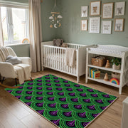 Purple Green Optical Wave Rug — styled nursery room view