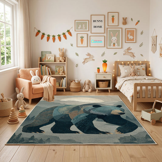 Ocean Whale Family Area Rug, Deep Blue Sea Animal Carpet, Calm Nursery Room Decor – full rug view
