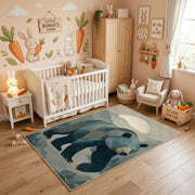 Ocean Whale Family Area Rug, Deep Blue Sea Animal Carpet, Calm Nursery Room Decor – angled room view
