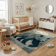 Ocean Whale Family Area Rug, Deep Blue Sea Animal Carpet, Calm Nursery Room Decor – living room view