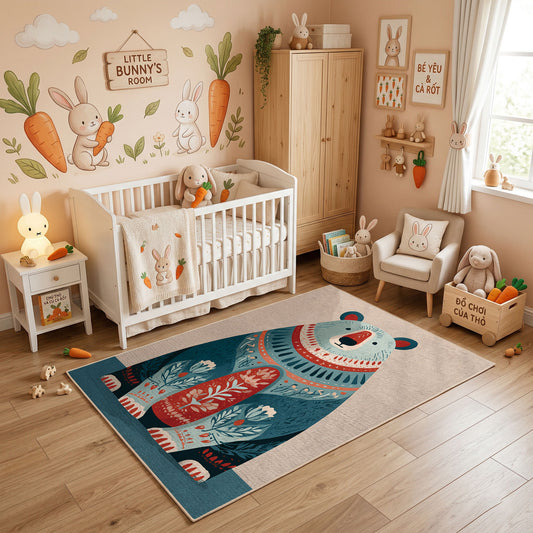 Tribal Owl Family Area Rug, Boho Woodland Animal Carpet, Colorful Kids Room Decor – full rug view