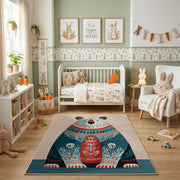 Tribal Owl Family Area Rug, Boho Woodland Animal Carpet, Colorful Kids Room Decor – angled room view