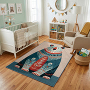 Tribal Owl Family Area Rug, Boho Woodland Animal Carpet, Colorful Kids Room Decor – living room view