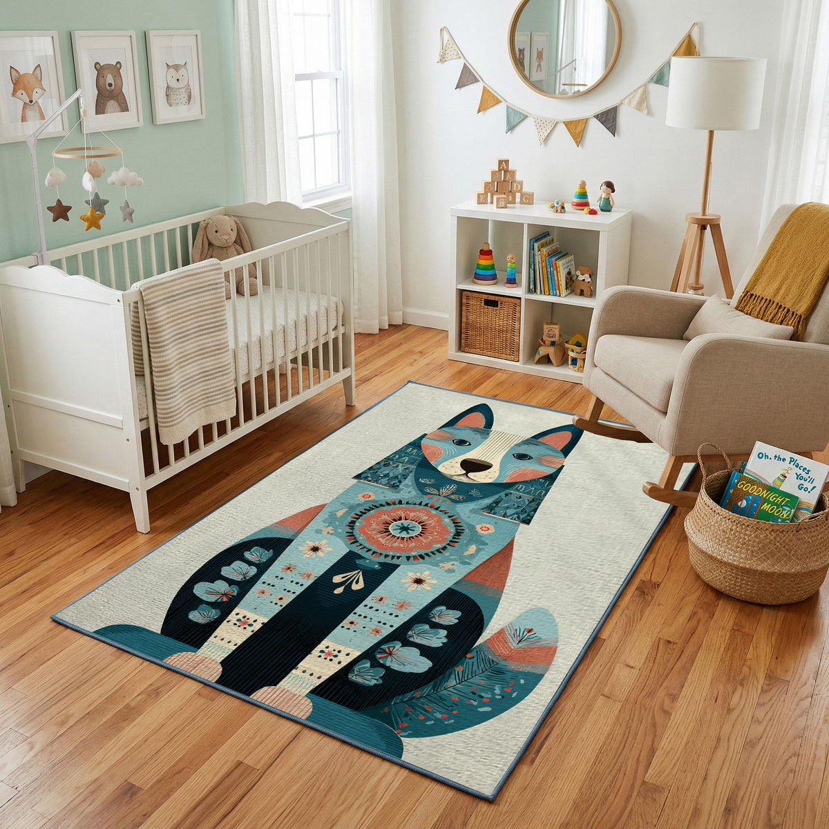 Abstract Cat Family Area Rug, Modern Geometric Animal Carpet, Kids Room Decor – featured room view