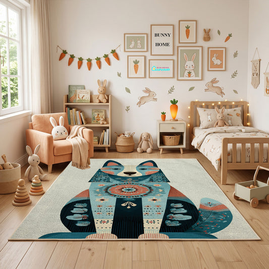 Abstract Cat Family Area Rug, Modern Geometric Animal Carpet, Kids Room Decor – full rug view