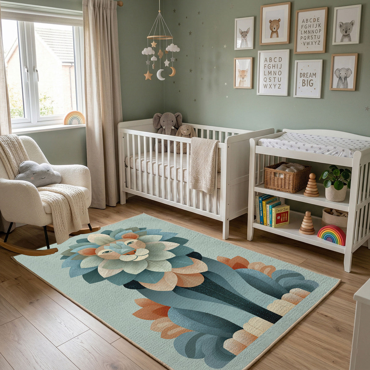 Whimsical Floral Garden Area Rug, Teal Botanical Carpet, Nursery Room Decor – featured room view