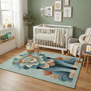 Whimsical Floral Garden Area Rug, Teal Botanical Carpet, Nursery Room Decor – alternate room view