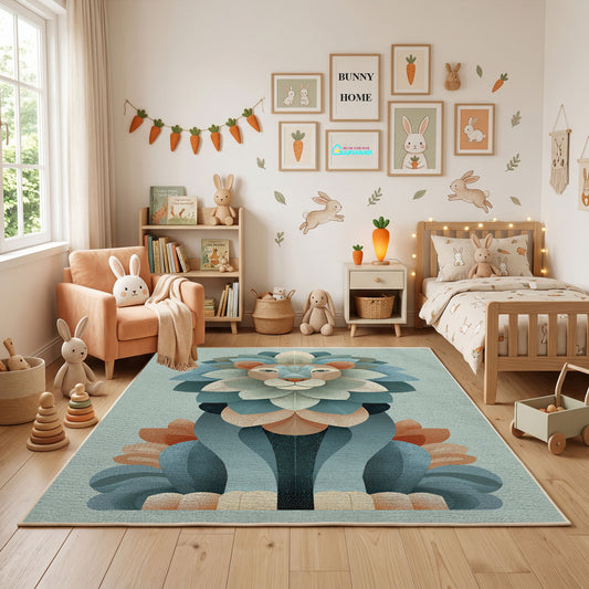 Whimsical Floral Garden Area Rug, Teal Botanical Carpet, Nursery Room Decor – full rug view