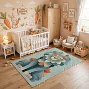 Whimsical Floral Garden Area Rug, Teal Botanical Carpet, Nursery Room Decor – angled room view