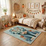 Whimsical Floral Garden Area Rug, Teal Botanical Carpet, Nursery Room Decor – texture view