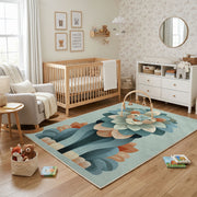 Whimsical Floral Garden Area Rug, Teal Botanical Carpet, Nursery Room Decor – living room view