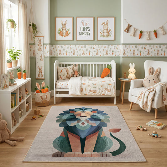 Geometric Cat Portrait Area Rug, Modern Color Block Carpet, Kids Room Decor – featured room view