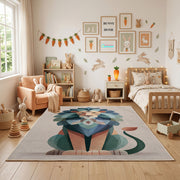 Geometric Cat Portrait Area Rug, Modern Color Block Carpet, Kids Room Decor – full rug view