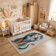 Geometric Cat Portrait Area Rug, Modern Color Block Carpet, Kids Room Decor – angled room view