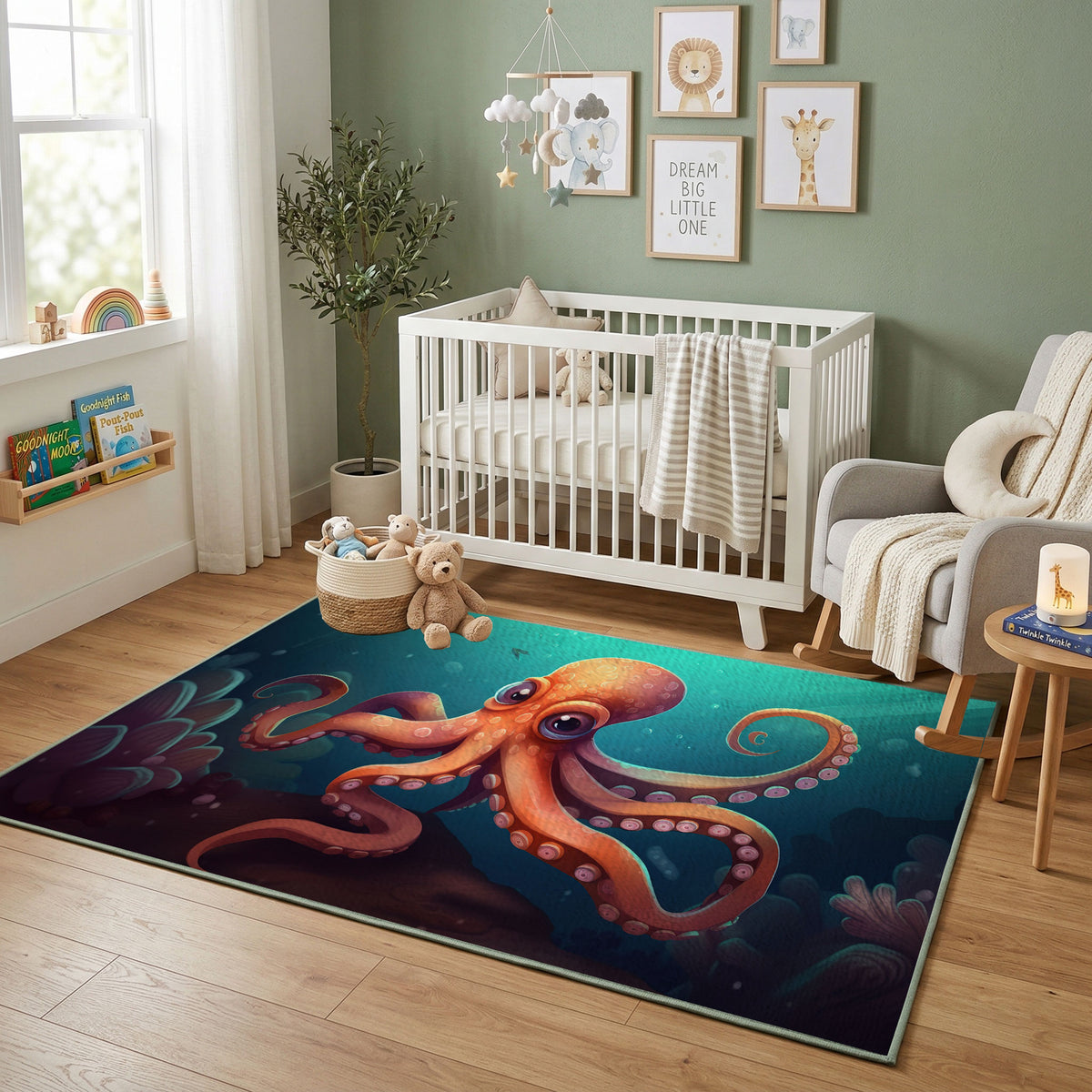 Colorful Octopus Area Rug, Ocean Animal Carpet, Playful Kids Room Decor – featured room view