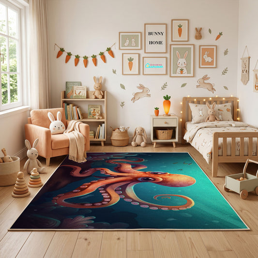 Colorful Octopus Area Rug, Ocean Animal Carpet, Playful Kids Room Decor – full rug view