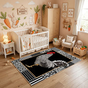 Black and White Zebra Area Rug, Graphic Safari Animal Carpet, Modern Room Decor – angled room view