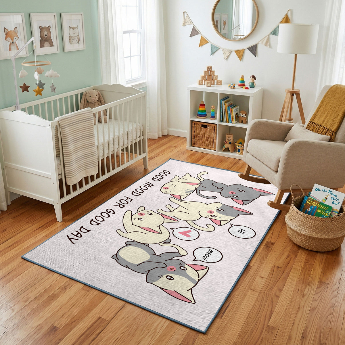 Playful Elephant Family Area Rug, Cute Nursery Animal Carpet, Kids Room Decor – featured room view