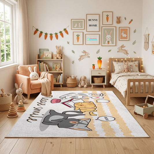 Dancing Elephant Family Area Rug, Yellow Striped Kids Carpet, Nursery Decor – full rug view